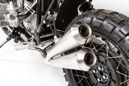 HATTECH Auspuff - GUNBALL - BMW R80 / 100R/GS  und Mystic -  linksseitiger Doppelschalldmpfer ab original Krmmer mit EG-ABE