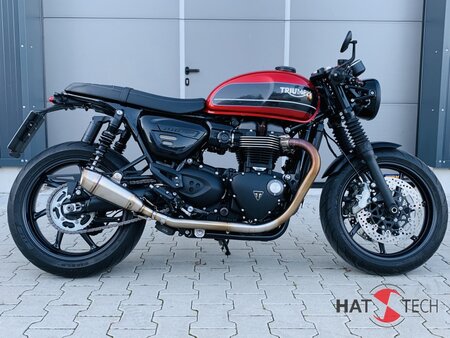 HATTECH Auspuff - OYK75 Low - Schalldmpfer mit Anbauteilen fr TRIUMPH Speed Twin / Thruxton 1200 / R / RS auf original Krmmer - EU-Typgenehmigung poliert