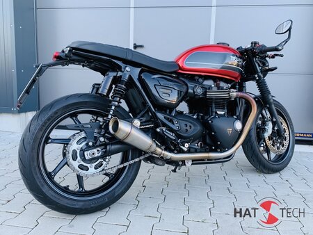 HATTECH Auspuff - OYK75 Low - Schalldmpfer mit Anbauteilen fr TRIUMPH Speed Twin / Thruxton 1200 / R / RS auf original Krmmer - EU-Typgenehmigung poliert