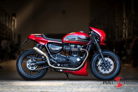 HATTECH Auspuff - RENNSTALL MOTO - OYK75 High - Schalldämpfer mit Anbauteilen für TRIUMPH Speed Twin / Thruxton 1200 / R / RS auf original Krümmer - EU-Typgenehmigung poliert