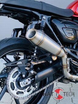 HATTECH Auspuff - RENNSTALL MOTO - OYK75 High - Schalldmpfer mit Anbauteilen fr TRIUMPH Speed Twin / Thruxton 1200 / R / RS auf original Krmmer - EU-Typgenehmigung poliert
