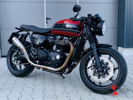 HATTECH Auspuff - RENNSTALL MOTO - OYK75 High - Schalldmpfer mit Anbauteilen fr TRIUMPH Speed Twin / Thruxton 1200 / R / RS auf original Krmmer - EU-Typgenehmigung poliert