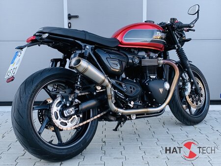 HATTECH Auspuff - RENNSTALL MOTO - OYK75 High - Schalldmpfer mit Anbauteilen fr TRIUMPH Speed Twin / Thruxton 1200 / R / RS auf original Krmmer - EU-Typgenehmigung poliert