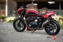 HATTECH Auspuff - RENNSTALL MOTO - OYK75 High - Schalldämpfer mit Anbauteilen für TRIUMPH Speed Twin / Thruxton 1200 / R / RS auf original Krümmer - EU-Typgenehmigung poliert